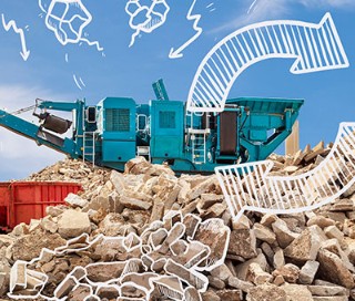 Foto einer Beton-Zerkleinerungsmaschine auf einem Schuttberg sowie Illustrationen zum Thema "Betonrecycling"